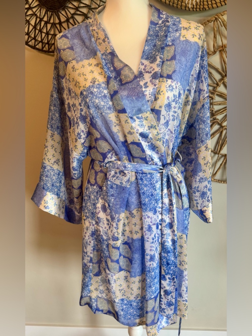 Sophia Blue & Yellow Floral Patchwork Robe with Satin Trim Size M